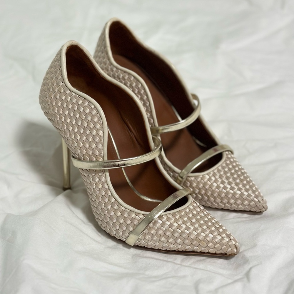 Women's Malon Soulier Woven Heels in Light Beige with Metallic Straps